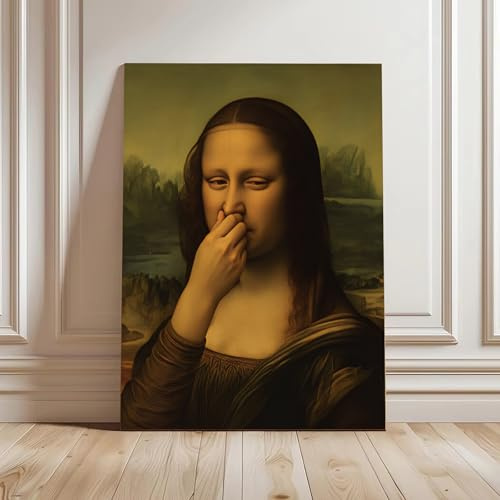 AEFOUU Mona Lisa Lustiges Badezimmer Leinwanddruck Wandkunst Toilettenhumor Mona Lisa Porträt Schlechter Geruch Gemälde Poster Bild Waschraum Wohnkultur 30x40cm Mit Rahmen