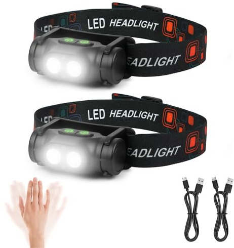 HOTUT 2 Pièces Lampe Frontale Rechargeable USB-C, Ultra Puissante LED avec Détecteur de Mouvement, Base Magnétique IPX4 Étanche, Légère pour Randonnée Course Cyclisme Camping