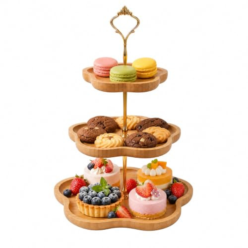 Wapasezyar Etager Tårtställ, Etager 3 Våningar av Trä, Cupcake-Stativ av Trä, Serveringsställ med Metallhandtag, för Dessert, Frukt, Födelsedag, Eftermiddagsdricks, Fest, Bröllop, Serveringsställ