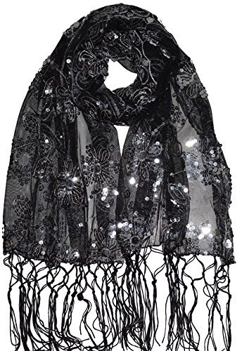 Schal Tuch Pareo Schleier Stola Tüll Pailletten Glänzend Hochzeit Party Tanz Schultertuch (Schwarz-Silber)