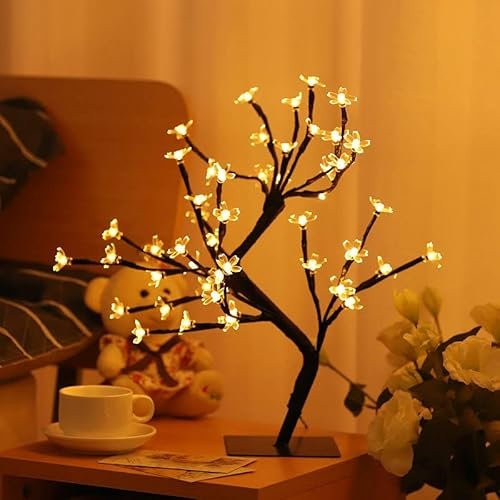 Huapa 48 LED Lámpara De Mesa De La Flor De Cerezo De La Luz del árbol De Los Bonsais, Decorativa Lámpara De Mesa De Estilo Bonsái Lámpara De Navidad para Boda Dormitorio Sala De Estar