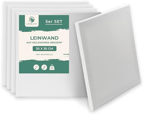 LAUBLUST Keilrahmen Set - Weiß | Leinwand Set Maltuch aus 100% Baumwolle - Leinwände 280 g/m² | Vorgrundiert, Säurefrei - Keilrahmenset Leinwand zum Bemalen (ca. 30 x 30 cm, 5er Set)