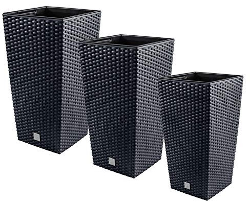 PAFEN 3in1 Set 3X Blumentopf Blumenkübel Rattan-Optik 4 Farben Pflanztopf inkl. Einsatz (Anthrazit)