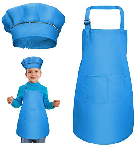 kissral Delantal para Niños + Gorro De Cocinero, Delantal de Cocina Infantil Delantales Infantiles Delantal De Chef De Cocina para Niños Pintura 4-12 Años L (Azul)