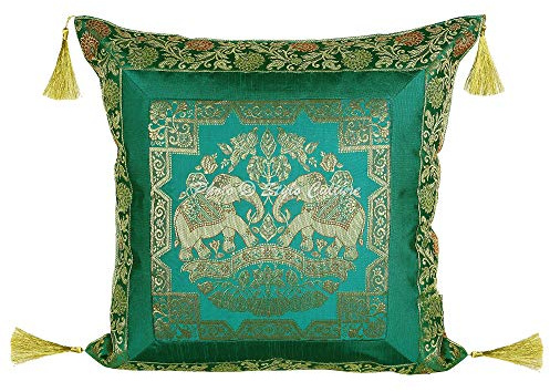 Stylo Culture Indische Dekorativ Brokat Seide Sofa Kissenbezüge 45x45 cm Smaragdgrün Dekokissen Jacquard Quasten Wohnzimmer Couch Kissenhülle Elefant Quadrat Reißverschluss Kissen Bezüge - 1 STK.
