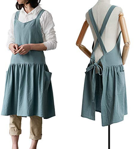 NEWGEM Cotton Linen Cross Back Apron for Women with Pockets for Gardening Cleaning Turquoise with Waist Ties