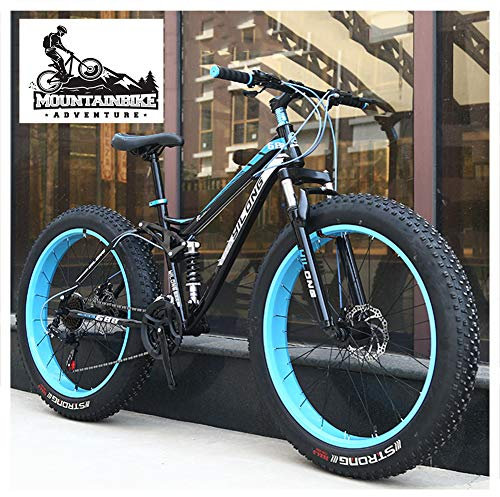 NENGGE Vollfederung Fahrräder MTB für Herren Damen, Unisex Fette Reifen Mountainbike mit Zwei Scheibenbremsen, Rahmen aus Kohlenstoffstahl,Blau,26 Inch 27 Speed