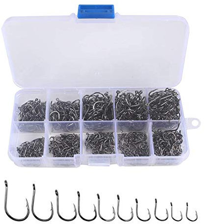 Lot de 500 hameçons de pêche en acier au carbone avec boîte de rangement transparente
