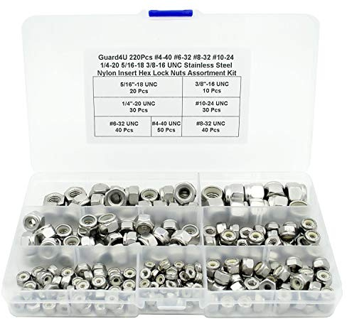 Guard4U 220pcs #4-40#6-32#8-32#10-24 1/4-20 5/16-18 3/8-16 UNC Nylon Inserto Hex Lock Dadi Assortito, 7-tipi 304 Acciaio Inox SAE autobloccante Nylon Inserto Hex Lock Dadi
