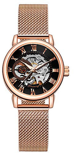 BOLYTE Analoge Automatikuhr für Damen mit Skelettzifferblatt und geflochtenem Edelstahlarmband, Rosa und Schwarz