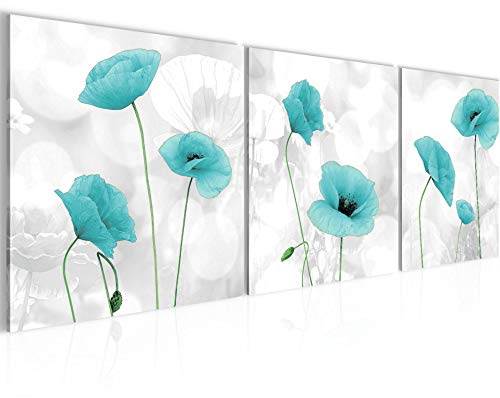 Runa Art - Bilder Blumen Mohnblume 120 x 40 cm 3 Teilig Wandbild auf Vlies Leinwand Türkis Grau Mehrteilig Modern 028233c