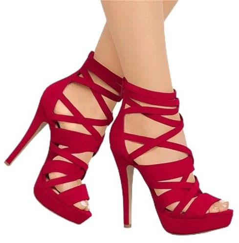 XJST Sandalias De Tacón De Cabeza Abierta De Las Mujeres, Tacones Altos De Stiletto Sexy, Verano Cómodo De Punta del Tobillo Elástica De Sandalia,Rojo,38