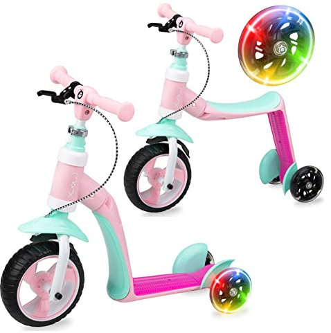 MoMi ELIOS 2-in-1 Laufrad und 3-Rad-Tretroller mit PU-Rollen, höhenverstellbarer Lenker, für Kinder ab 2. Lebensjahr und Körpergewicht unter 25 kg, LED-Rollen leuchten beim Fahren