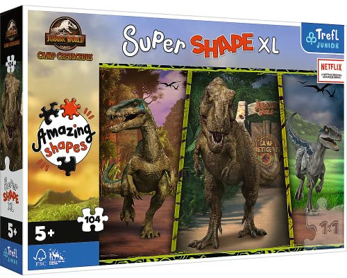 Trefl Junior - Jurassic Park: Camp Kreidezeit, Bunte Dinosaurier - Puzzle 104 XL Super Shape - Verrückte Formenpuzzles, große Teile, Bunte Puzzles mit Dinosauriern, Spaß für Kinder ab 5 Jahren