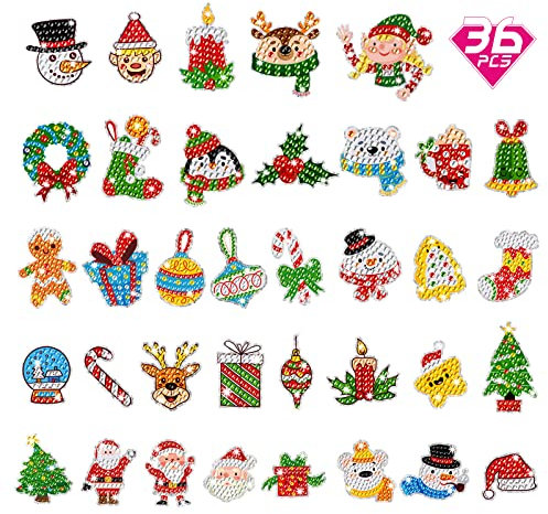 CAYUDEN Diamond Painting Aufkleber, 36pcs 5D Weihnachten Diamant Painting Bilder Kinder DIY Diamond Painting Kinder Weihnachten Diamant Malerei Aufkleber Kit für Mitgebsel Christmas Gastgeschenk