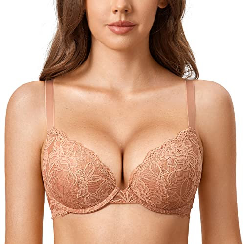 DOBREVA Reggiseno Donna Push Up in Pizzo con Ferretto Imbottito Plunge a Coppe Modellate Crema di caffè 4A
