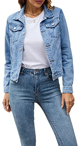 Women's Solid Color Basic Button Denim Jacket with Pockets, Casual Denim Jacket Top (A-Light Blue, M)