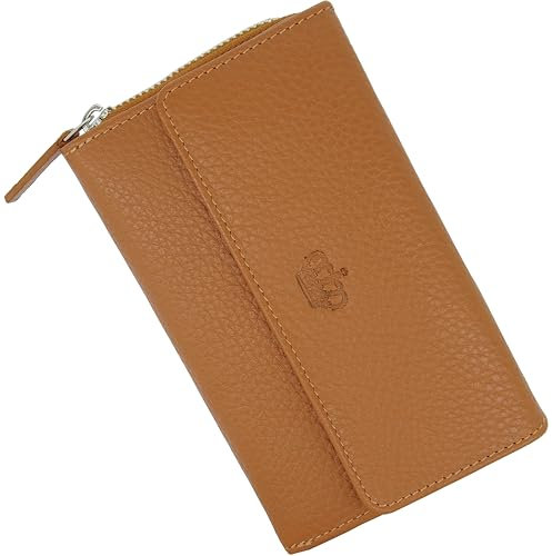 Baur Damen Geldbörse Echt Leder Geldtasche | Geldbeutel mit RFID Schutz | großes Portemonnaie viele Kartenfächer | Wallet mit Druckknopf & Reißverschluss Münzfach | Damen-Geldbörsen (Cognac)