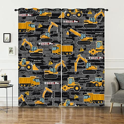 HOSIMA Konstruktion LKW Bagger Vorhänge Blickdicht Gardinen Mit Ösen,2-Set 140x175cm Grau Jungen Schlafzimmer weiche Verdunklungsvorhänge für Wohnzimmer Kinderzimmer(Konstruktion 140x175cm