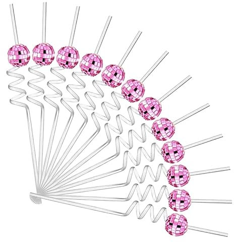 12pcs Disco Ball Straw,Mirror Ball Plastic Curved Straw Disco Decorative Straws,Cocktail Straws Birthday Party Bar Straw for Home Party Wedding Birthday Bar (Pink)