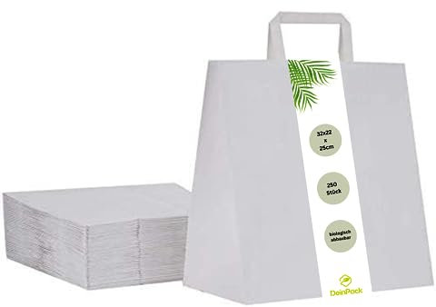 DeinPack Umweltschonende Papier Tragetaschen groß I Papiertüten Geschenktüten Papiertragetaschen biologisch abbaubar, kompostierbar I 250 x weiß Papier Tüten 32 x 22 x 25 cm