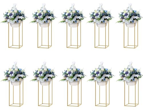 WDZCZDoo 10 Stück Gold Blumenständer, (24x24x60cm) - Eisen mit Kunststoff-Verbindern, 10kg Tragkraft pro Ständer - Für Hochzeiten/Events
