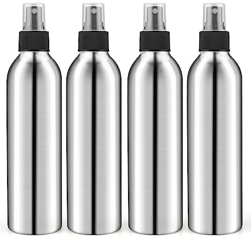 DMuuuDM Paquete de 4 botellas de spray de aluminio de 8 onzas, botellas atomizadoras de metal vacías con bomba de prensa y tapas, botellas de spray de perfume, contenedor de almacenamiento de