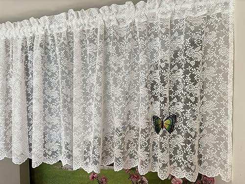 Yaland Jacquard Scheibengardine weiße Spitzenoptik mit gebogten Abschluss Kurzstore mit Tunnelzug Küche 1 Stück HxB 60x90cm