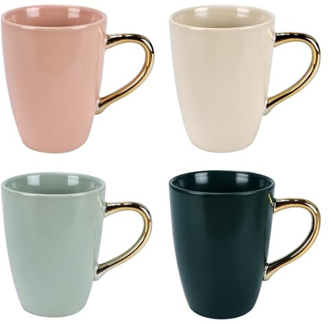 EYMPEU Set 4 Tazas Desayuno, Juego de Tazas de Cafe de Color Sólido con Asas Doradas, Versátiles, Duraderas y Únicas para Bebidas Calientes o Frías, 360ml.