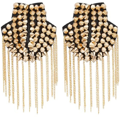 SUPERFINDINGS 2 Stück Goldene Nieten Quasten Schulterklappen Abnehmbare Punk Stil Kette Quasten Schulterklappen Fransen Schulterbretter Abzeichenmit Eisennadel 203x85mm
