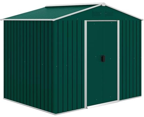 Outsunny Caseta de Jardín de 3,6 m² 236x174x190 cm Cobertizo Exterior de Metálico para Almacenar Herramientas con Puertas Correderas y 4 Ventanas para Terraza Patio Verde