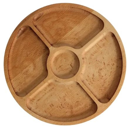 4BIG.fun Plateau de service en bois naturel de 25 cm de diamètre avec 5 compartiments divisés, assiette de service pour entrées, fromages et collations, plateau en bois pour viande et fromage, plateau