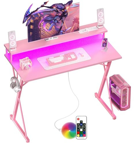 BEXEVUE Scrivania Gaming Ciabatta LED - 100x50cm Ergonomica Tavolo Gamer Computer, Grandi Supporto Monitor PC, Gancio per Cuffie, Scrivanie Moderno per Studio Gioco Lavoro Ufficio Casa Camera da Letto
