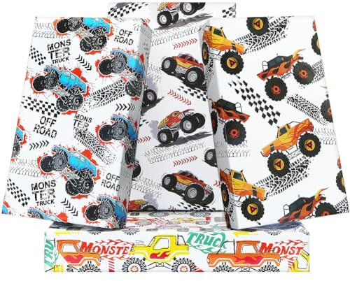 Monster Trucks Geschenkpapier - Dune Buggy, Geländewagen, Rennwagen Springen Abenteuer - 4 Bögen 50 x 70 cm für Jungen, Mädchen, Kindergeburtstag