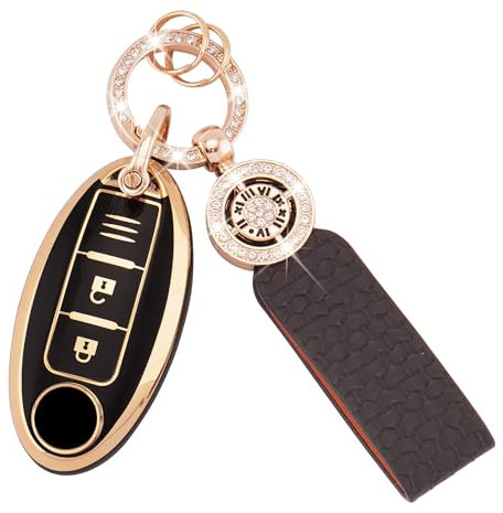 Koaudb Autoschlüssel Hülle Passt für Nissan Qashqai Murano X-Trail Kicks Tiida Micra Note Juke 350Z 3 Tasten Auto Schlüssel Cover TPU Schlüsselhülle mit Lederanhänger Schlüsselanhänger(C-BP-Nisn-3)