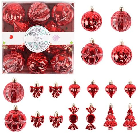 ZALAON Weihnachtskugeln Rot, 18 Stück Kunststoff Set, Bruchsichere Christbaumkugeln Mit Hängeschleife für Weihnachtsbaum, Party-Dekoration