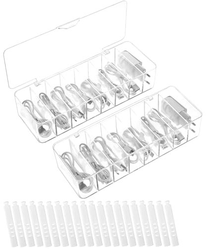 Toaren 2 Stück Transparenter Kabel Aufbewahrungsbox 8 Fächer,Transparent Kabel Organizer Box,Cable Management Box,Ladekabel Aufbewahrung für Büro,Zuhause,Schreibtisch mit 20 Kabelbindern
