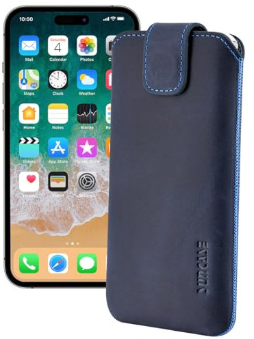 Suncase ECHT Ledertasche Leder Etui *Slim-Edition* kompatibel mit iPhone 16 Pro Max (6,9 Zoll) Hülle (mit Rückzugsfunktion und Magnetverschluss) in Pebble-Blue