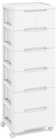 Multigot Chest of Drawers, 5/6/7-Drawer Dresser Rolling Storage Cabinet with Wheels, Vertical Storage Tower Chest Mobile Cart Organizer Unit for Living Room, Bedroom, Closet (White, 6-Tier)