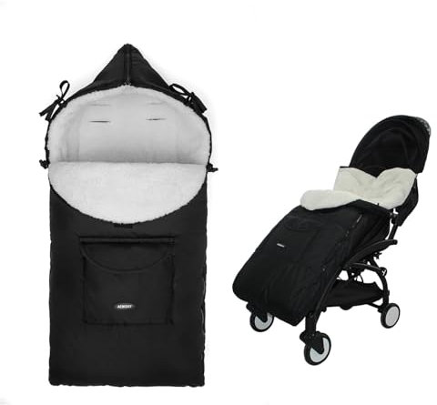 Universeller Kinderwagen-Fußsack, Winter-Wimpelkette, wasserdicht und winddicht, Schlafsack für Kleinkind und Baby, warm mit Plüsch gefüttert, Unterseite öffnet sich für Mehrzweck-Autositze, Schwarz
