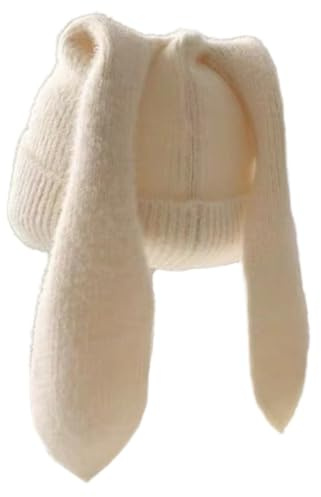 Whakano Mütze Damen mit Hasenohren,Warme Strickmütze,Elastisches und Weichem Beanie Mütze Winterhüte,Lustige Mütze,Beanie für Damen & Herren,Einheitsgröße,Mütze für Herbst und Winter,Off-White