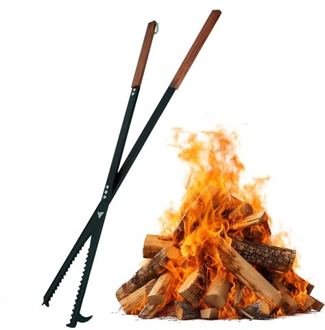 41 Fire Pit Tongs with Built-In Poker and Blower - Outdoor Fireplace Tongs - Campfire Log Grabber