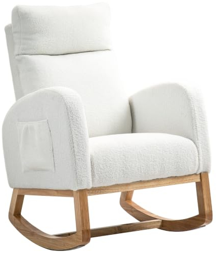 HOMCOM Schaukelstuhl, Schwingsessel, bis 120 kg belastbar, Cremeweiß | Armlehnsessel, Stillsessel mit Samtoptik, Schaukelsessel, für Schlafzimmer, Wohnzimmer