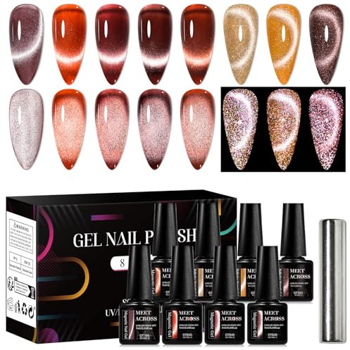 MEET ACROSS Cat Eye UV Nagellack Set Glitzer Braun Gel Nagellack 8 Farben Gel Nägel Polish Set mit Magnet, Cateye Magnet Nail Polish Set Art Manicure Kit