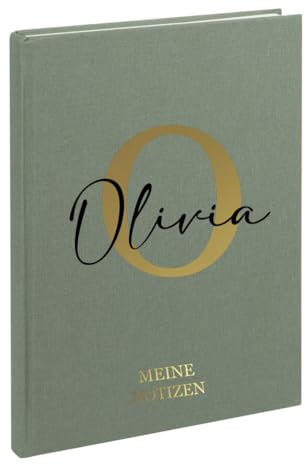 AWASG Notizbuch A5 – Personalisiert mit Name – Notizheft 200 Seiten dotted – Leinencover Grammatur 100g/m² - Buchstabe Initiale (olive)