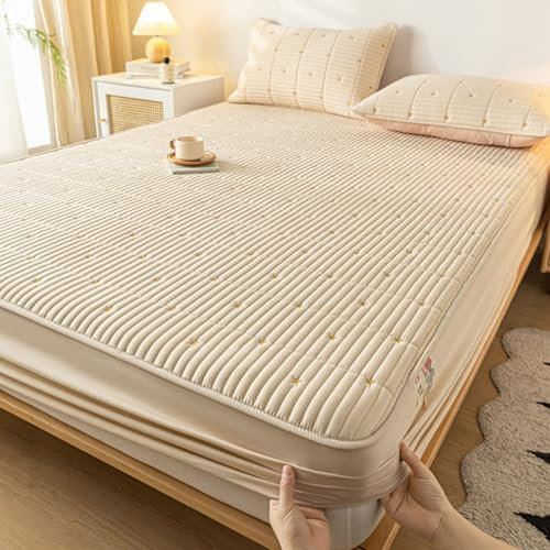 AMDXD 150x200cm Betttuch mit 2er Kissenbezüge Set 3teilig Protection, Stern Gestickt Spannbettlaken Einfarbig Hell Kaffee Matratzenschutz, Polyester Baumwolle Tagesdecke für alle Jahreszeiten
