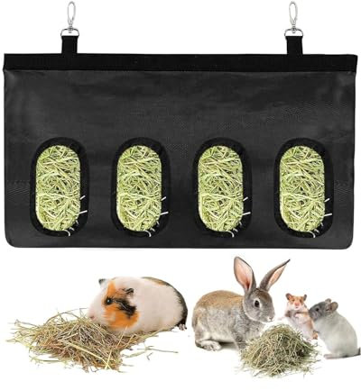 MYGLOAR Heusack für Kaninchen, Heutasche, Heufuttersack, Heusack für Kleintiere, Hängefutterspender Heu mit 4 Fenstern für Kleintiere, Schwarz, heuraufe kaninchen, heuraufe