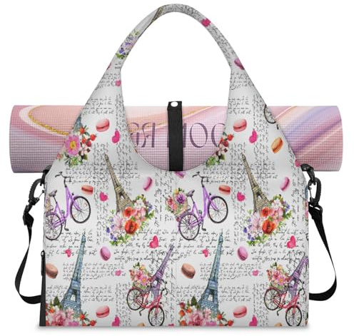 Eiffeltower Fahrradtasche mit Blumen-Motiv, Sporttasche mit Schuhfach, Paris, Eiffelturm, Wochenende, Übernachtungstaschen, Tragetasche, Kabinengepäcktasche für Fitnessstudio, Yoga, Reisen, farbe, L,