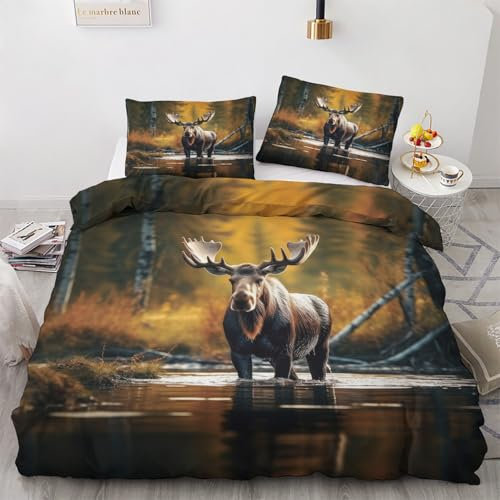 NOGAWA Bettwäsche Elch 135x200 - Bettbezug Wildtiere Jagd, Bettwäsche-Sets 2 teilig, Weich & Atmungsaktiv Mikrofaser Wendebettwäsche und 1 Kissenbezug 80x80 mit Reißverschluss