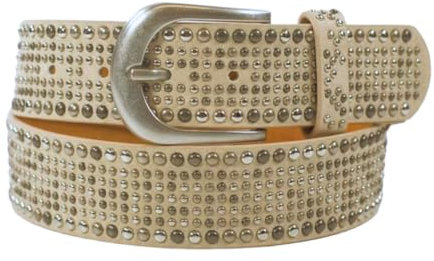Damengürtel mit Nieten, Strass-Nieten-Besatz, Synthetikgürtel im Vintage-Style, Breite ca. 3,8 cm (Natur; BW95cm - Gesamtlänge 110cm)